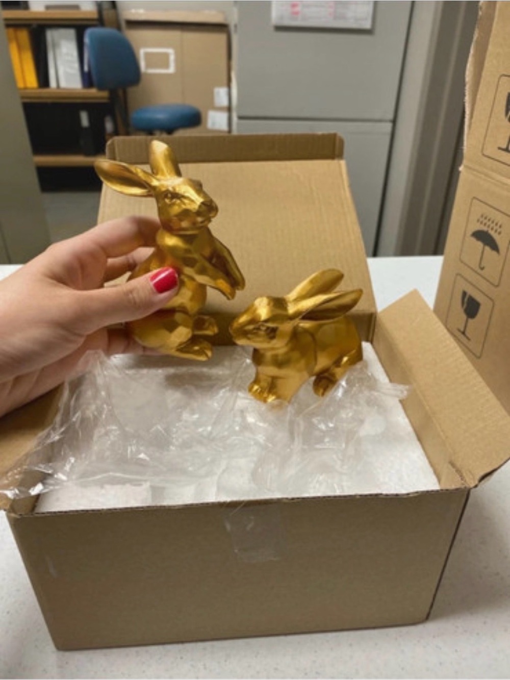 Gold Ceramic Rabbit Figurine Set 2pc Modern Bunny Statue Home Art Decor Gift - Picture 3 of 9